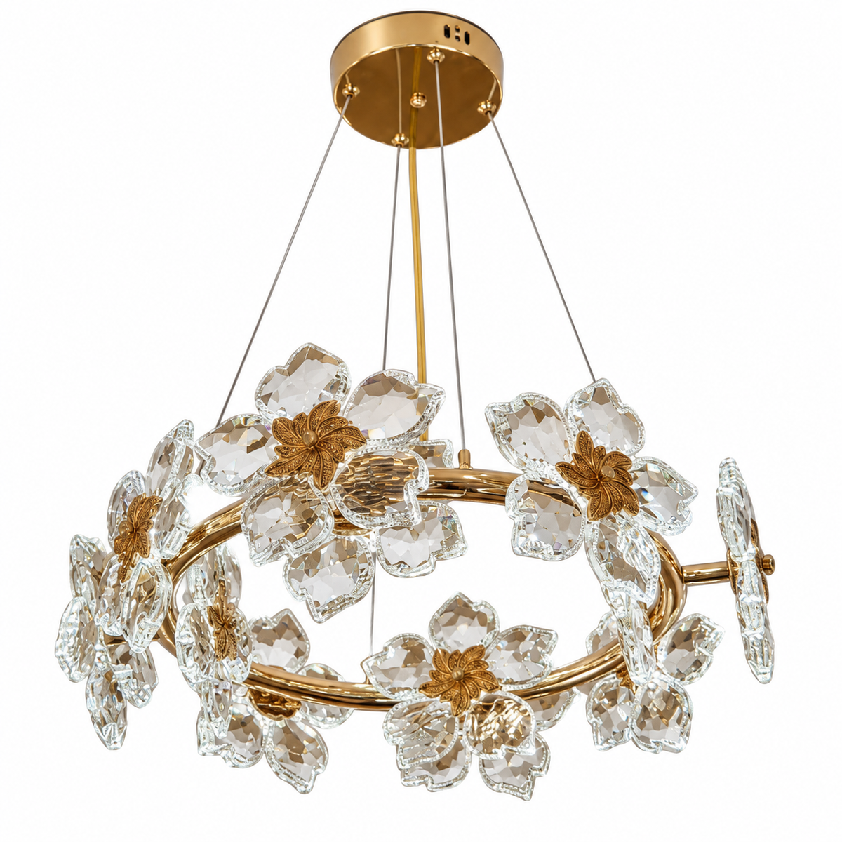Florienne Clear Crystal Floral Ring Chandelier – studio view on white