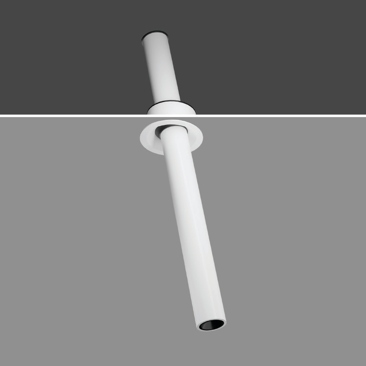 FLUTE-02 7W white-body long recessed tube spotlight isolated from the labelled Type 02 original installation reference, preserving concealed and projecting sections; black-body photo unavailable.