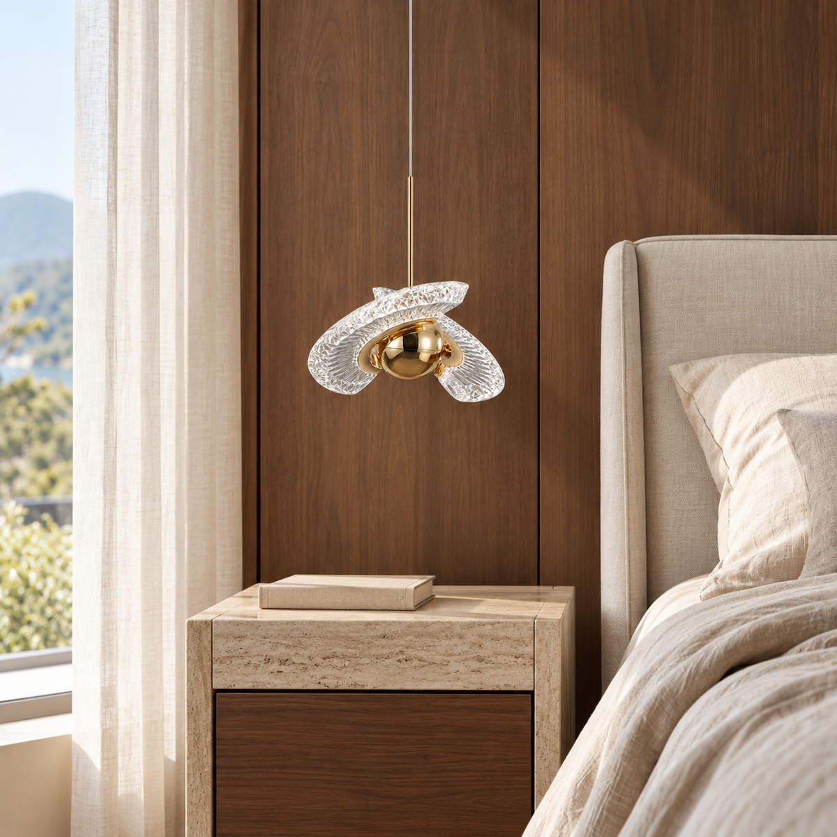 French Gold Sculptural Acrylic Pendant, unlit in a daytime interior