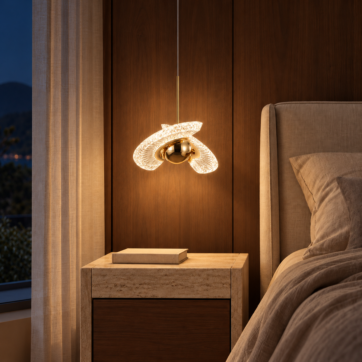 French Gold Sculptural Acrylic Pendant, illuminated in a nighttime interior