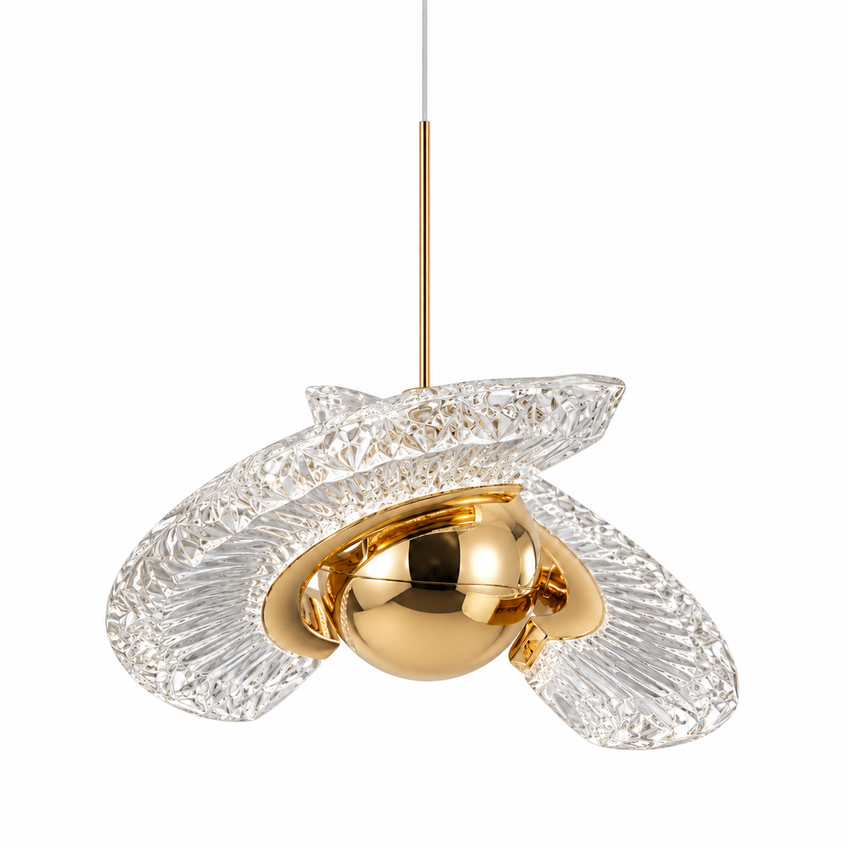 French Gold Sculptural Acrylic Pendant, unlit studio view