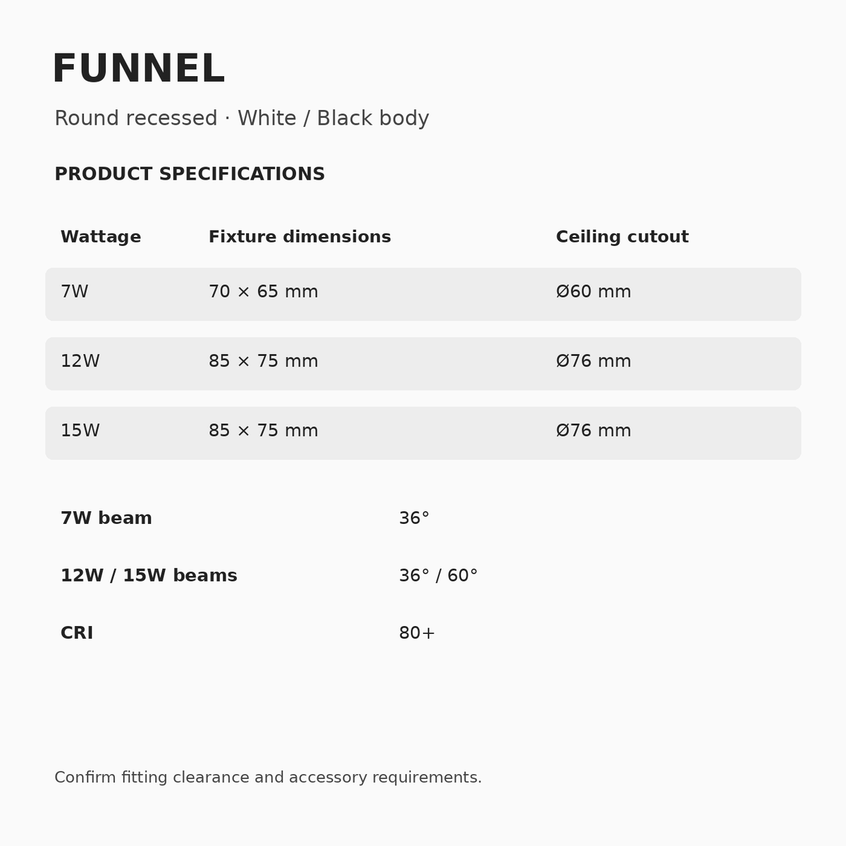 FUNNEL Recessed Downlight – 7W, 12W & 15W dimensions and specifications