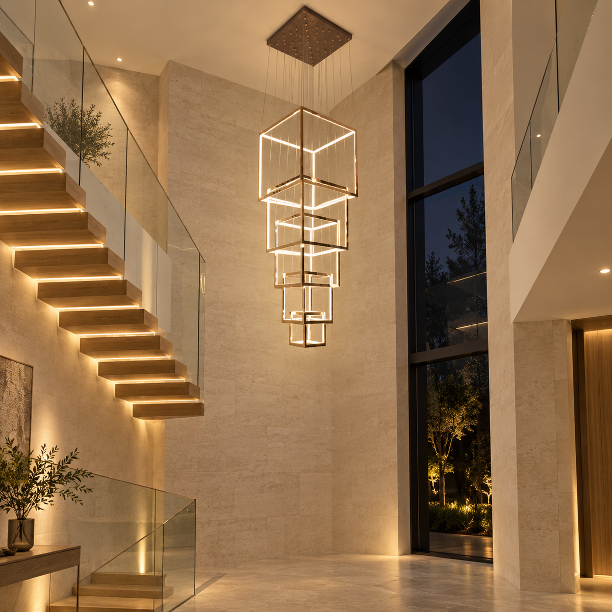 Geometric cube cascade chandelier in a modern double-height staircase interior