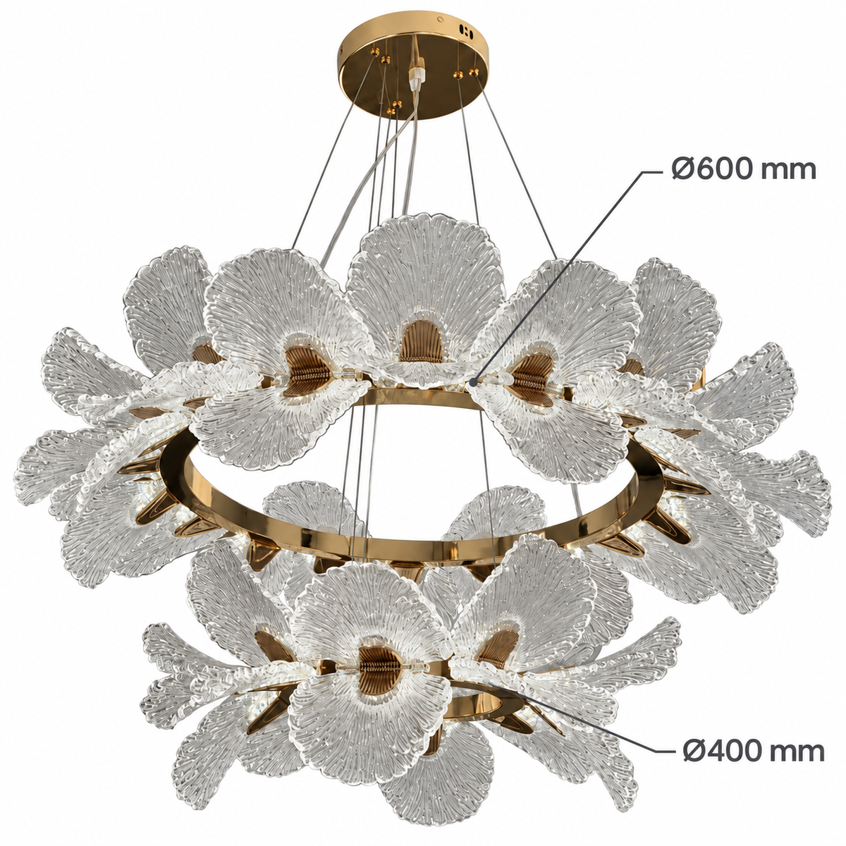 Gingara Two-Tier Acrylic Fan Chandelier – confirmed dimensions in millimetres