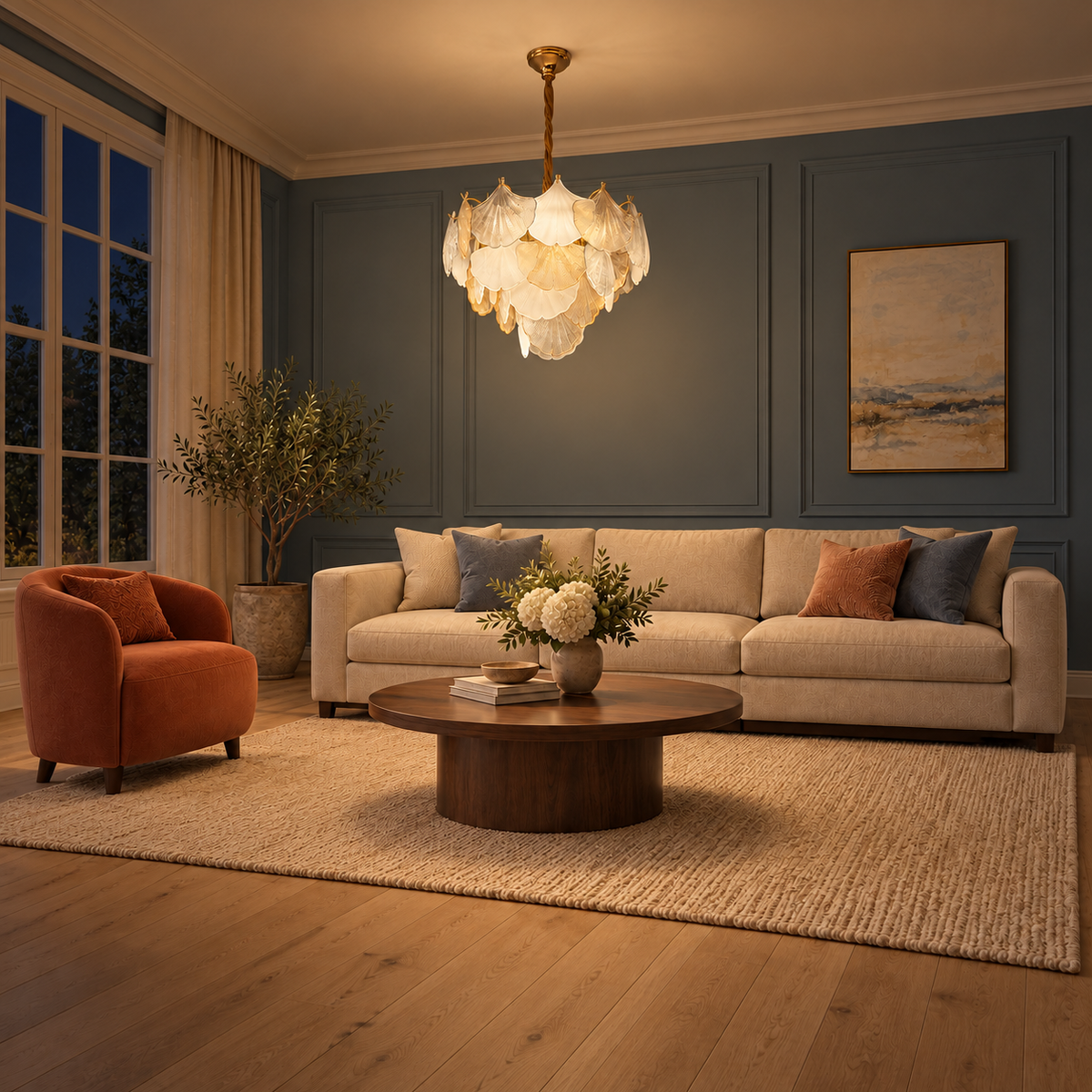Ginkora Layered Glass Leaf Chandelier – evening interior, light on