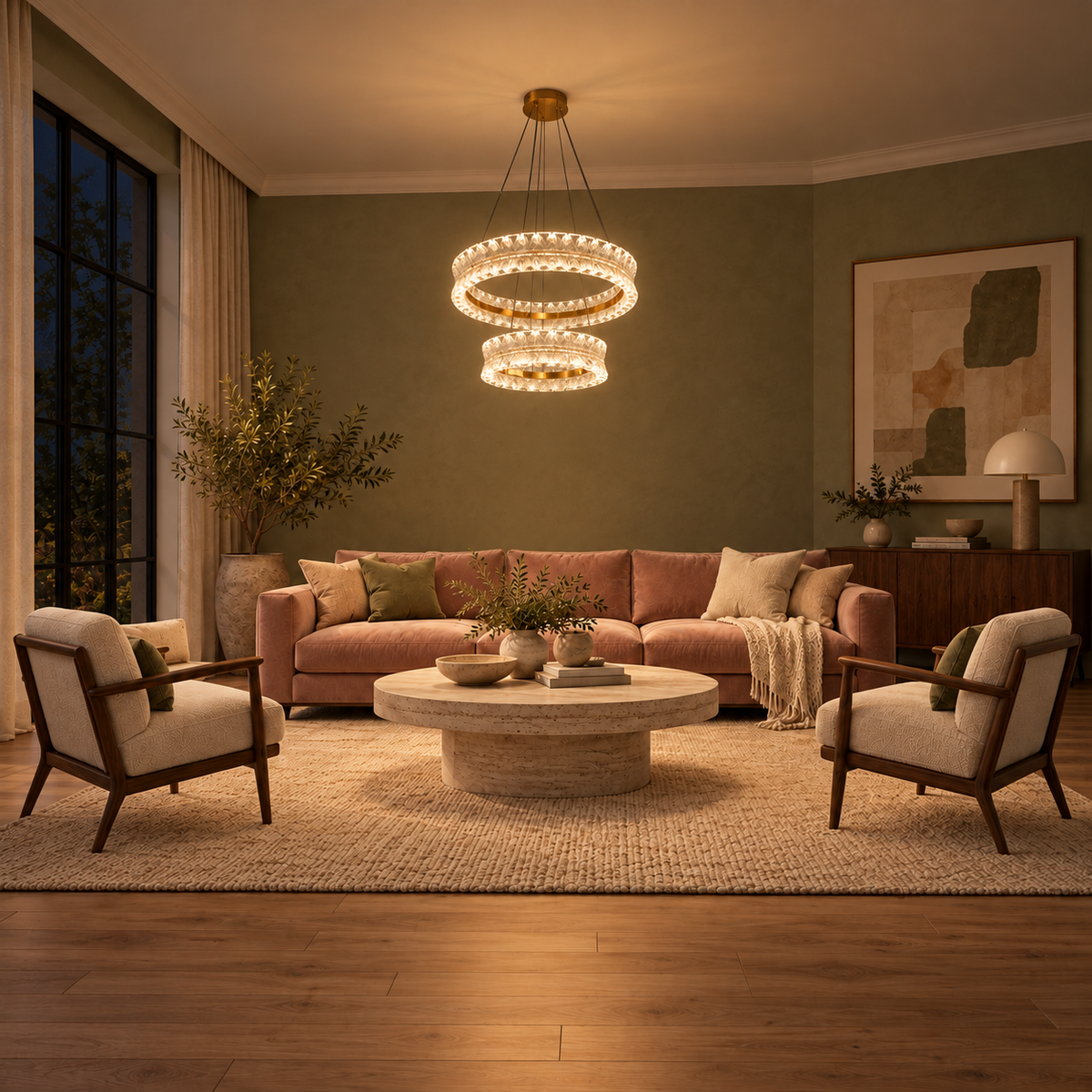 Glacielle Two-Tier Textured Acrylic Ring Chandelier – evening interior, light on