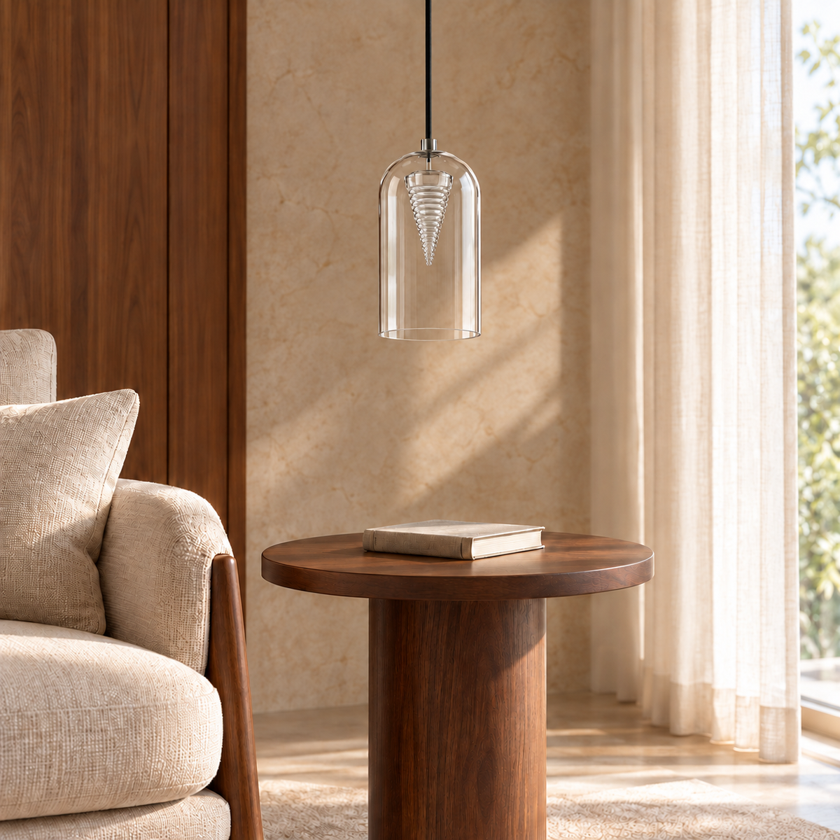 Glass & Acrylic Cone Pendant, unlit in a daytime interior
