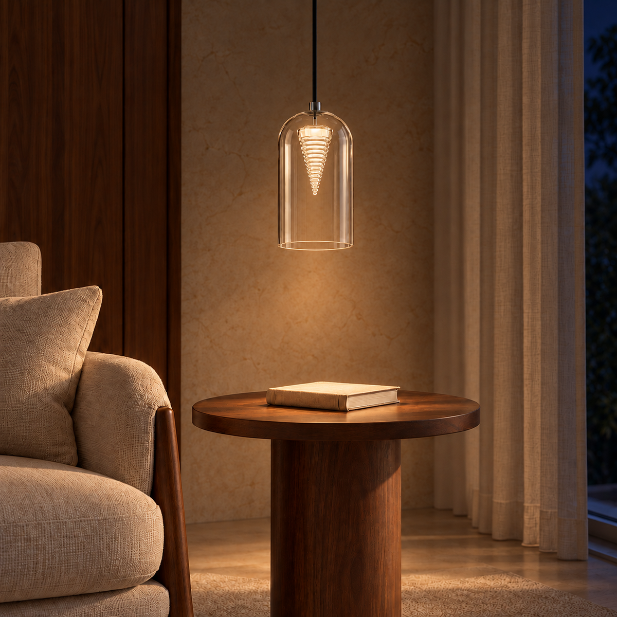 Glass & Acrylic Cone Pendant, illuminated in a nighttime interior