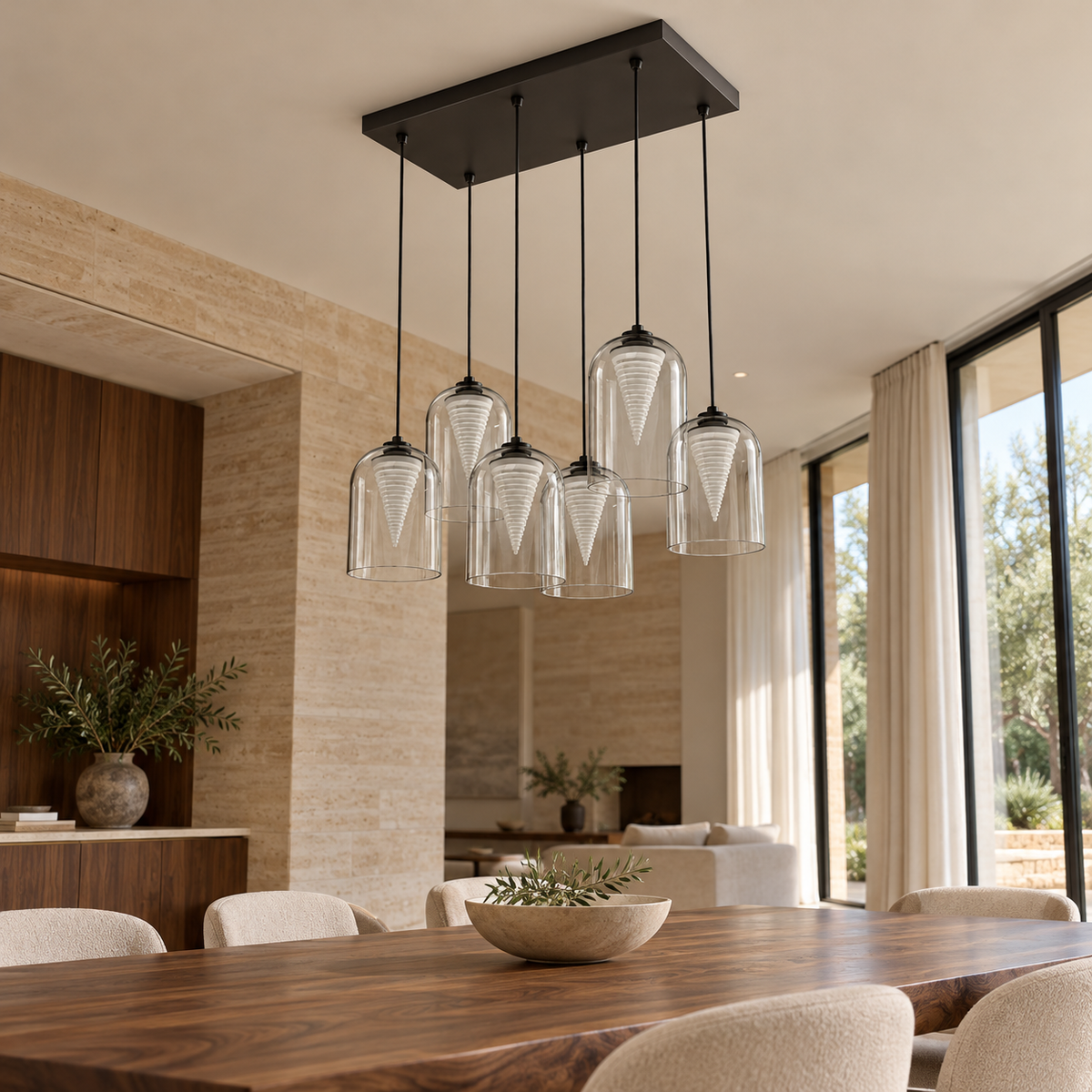 Glass & Acrylic Six-Drop Cluster Chandelier, unlit in a daytime interior