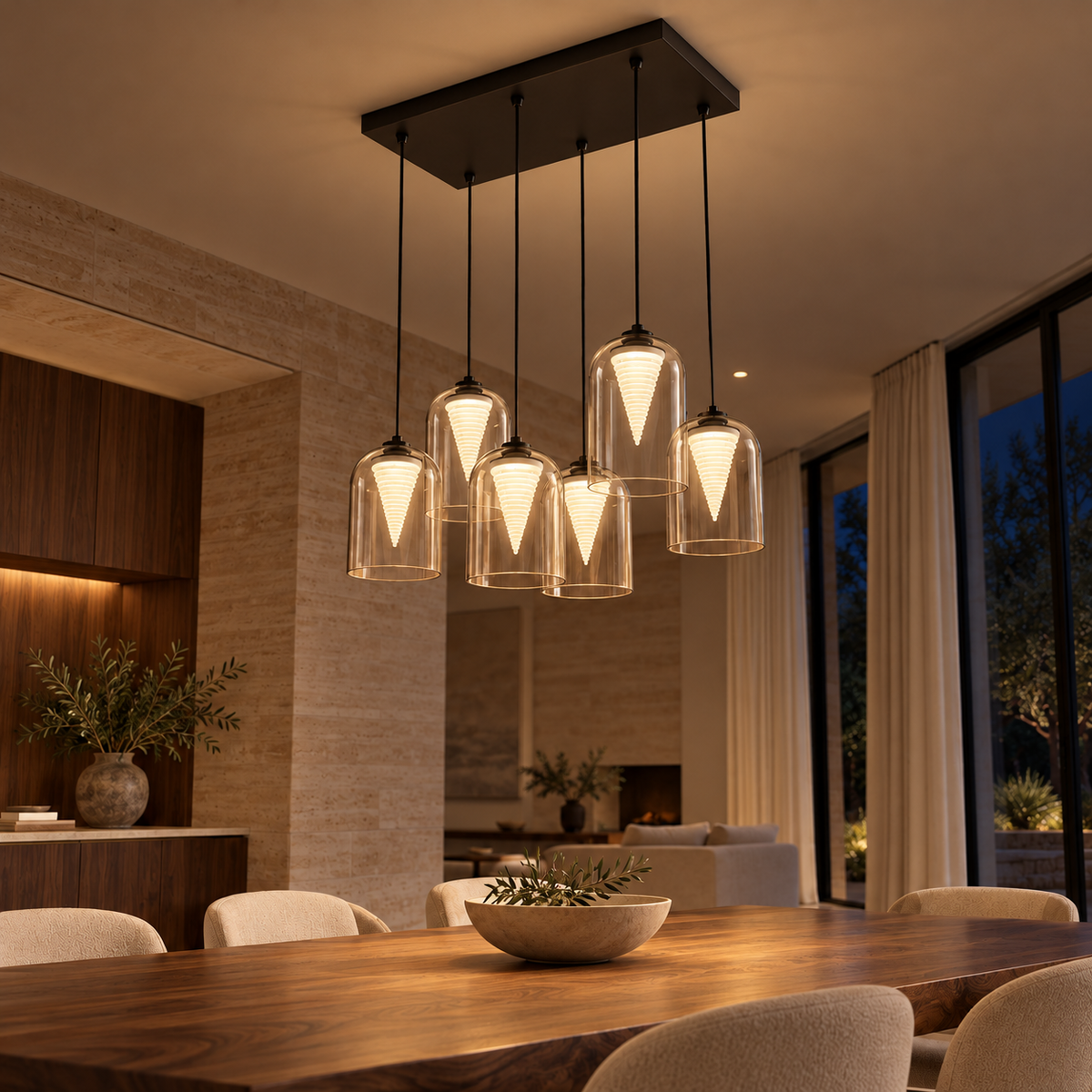 Glass & Acrylic Six-Drop Cluster Chandelier, illuminated in a nighttime interior