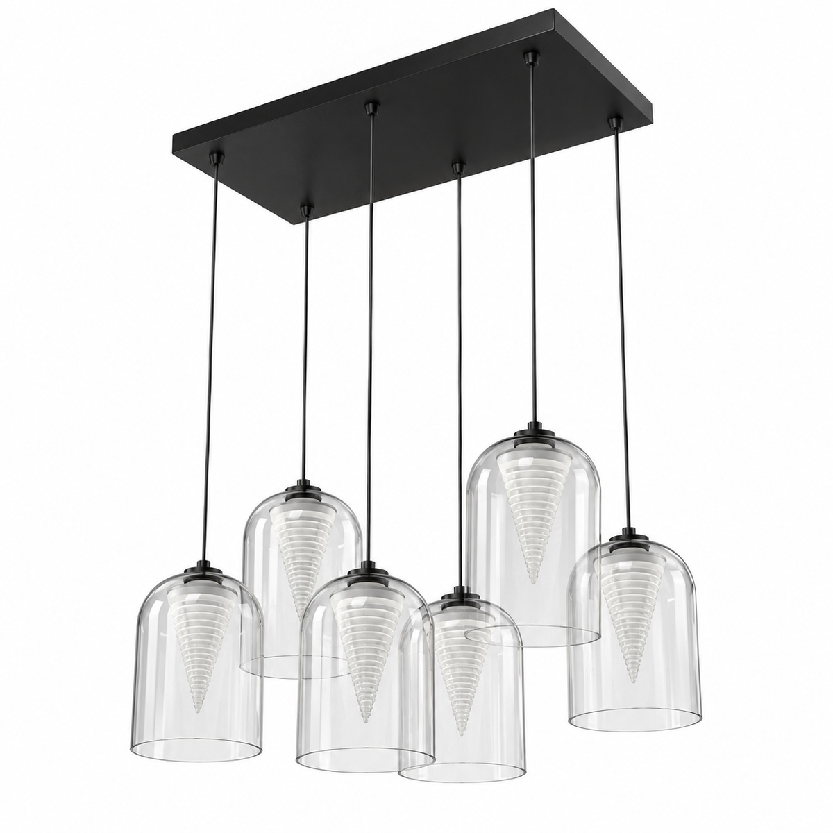 Glass & Acrylic Six-Drop Cluster Chandelier, unlit studio view
