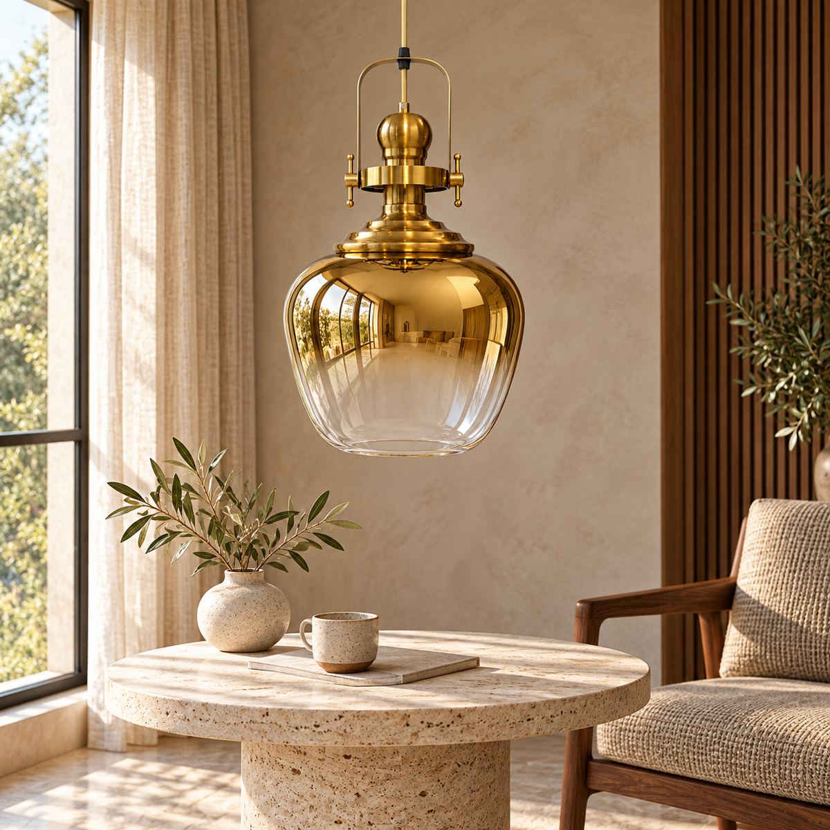 Gold & Clear Glass Rounded Pendant, unlit in a daytime interior