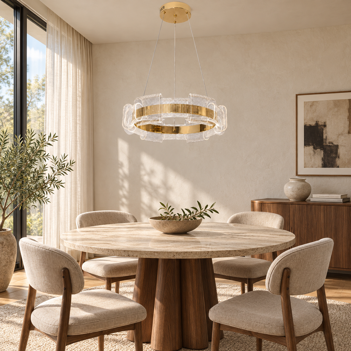 Gold Curled Acrylic Ring Pendant, unlit in a daytime interior