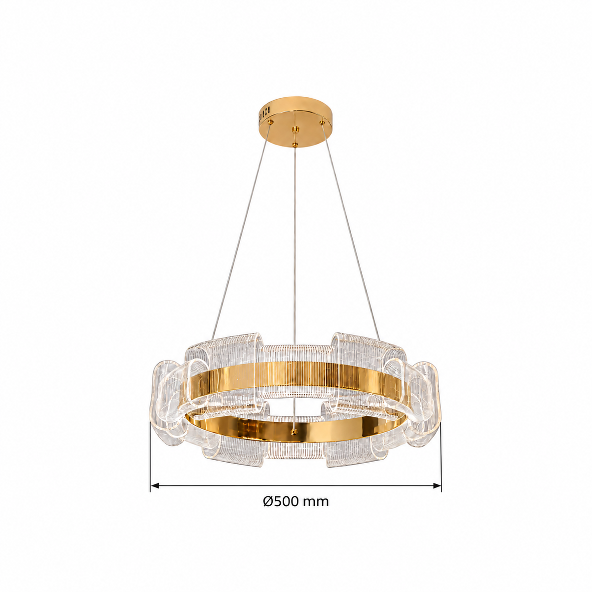 Gold Curled Acrylic Ring Pendant, dimension diagram; body diameter 500 mm