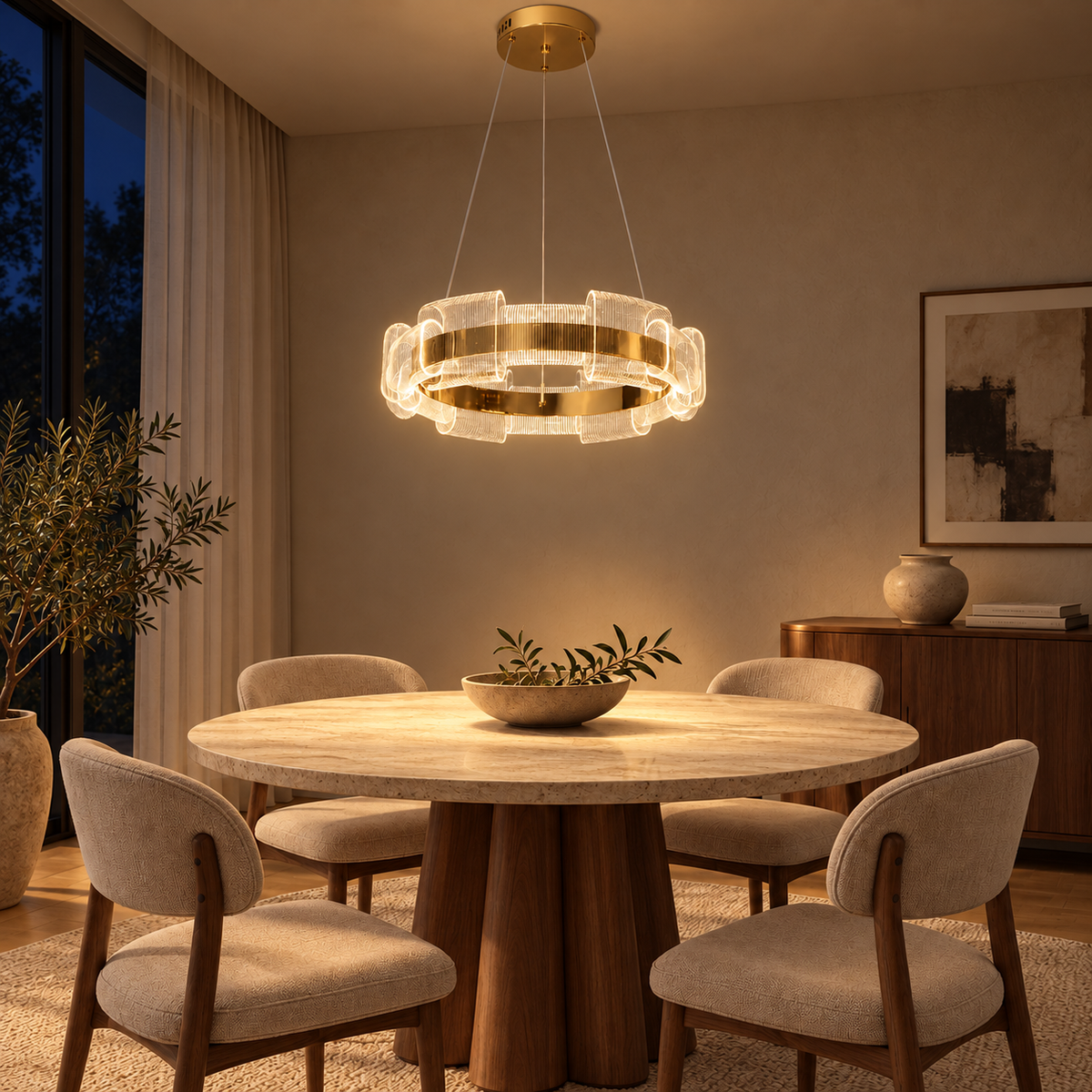 Gold Curled Acrylic Ring Pendant, illuminated in a nighttime interior
