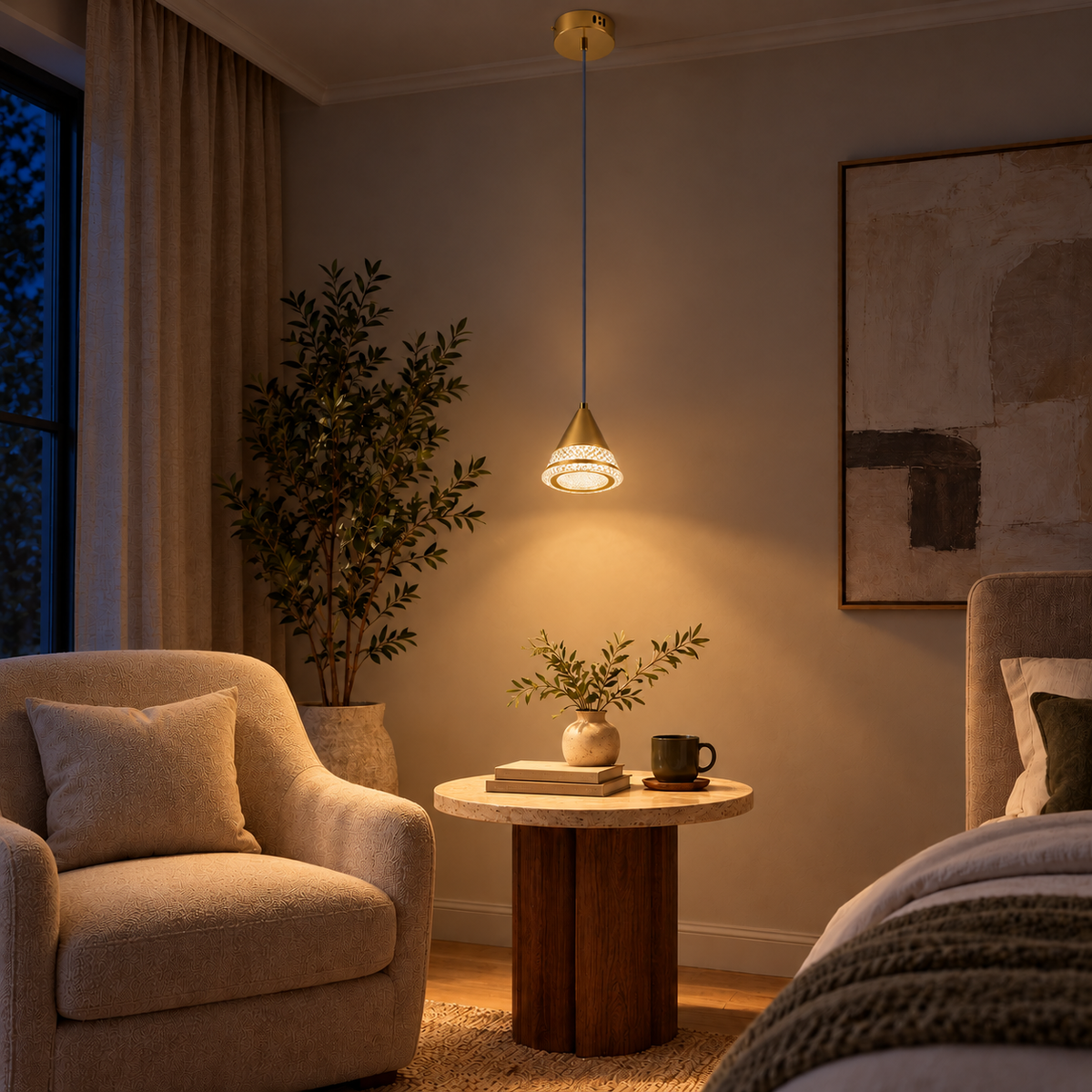 Gold Faceted Cone Pendant, illuminated in a nighttime interior