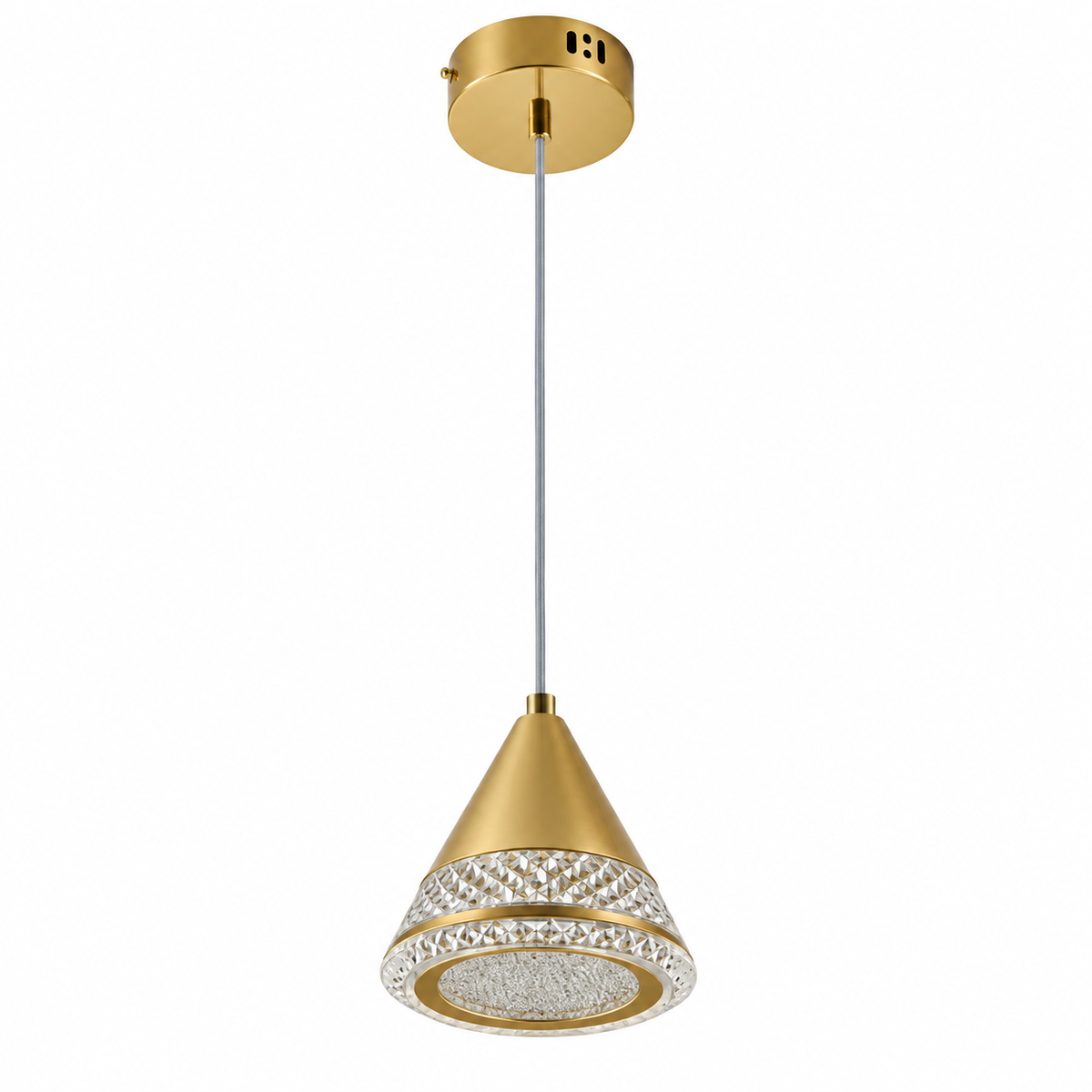 Gold Faceted Cone Pendant, unlit studio view