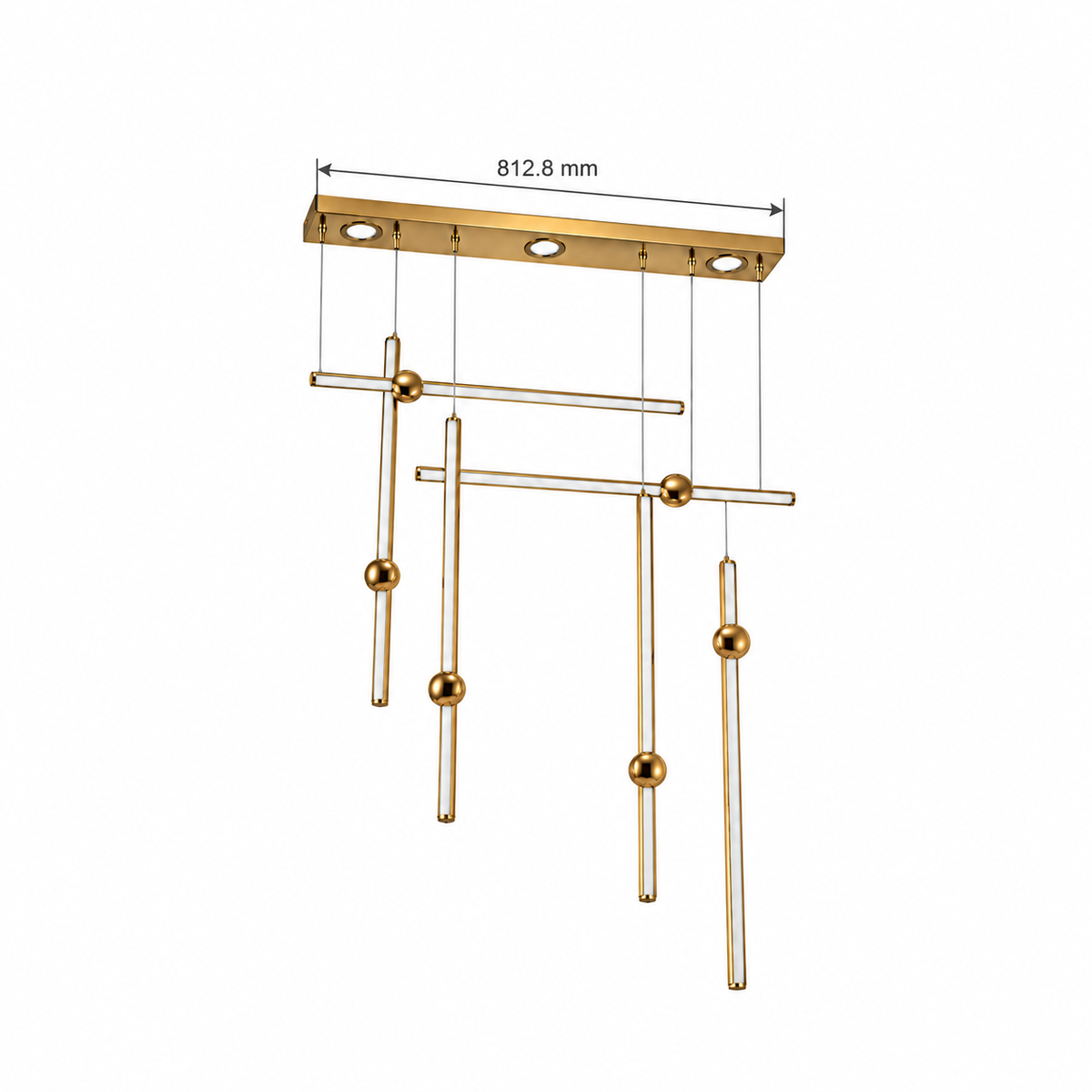 Gold Six-Rod Linear Chandelier, dimension diagram; ceiling-base length 812.8 mm