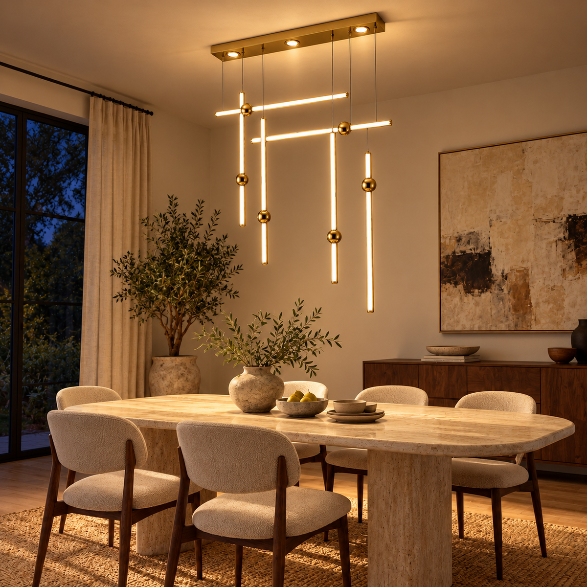 Gold Six-Rod Linear Chandelier, illuminated in a nighttime interior
