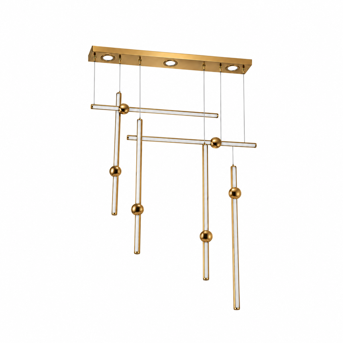 Gold Six-Rod Linear Chandelier, unlit studio view