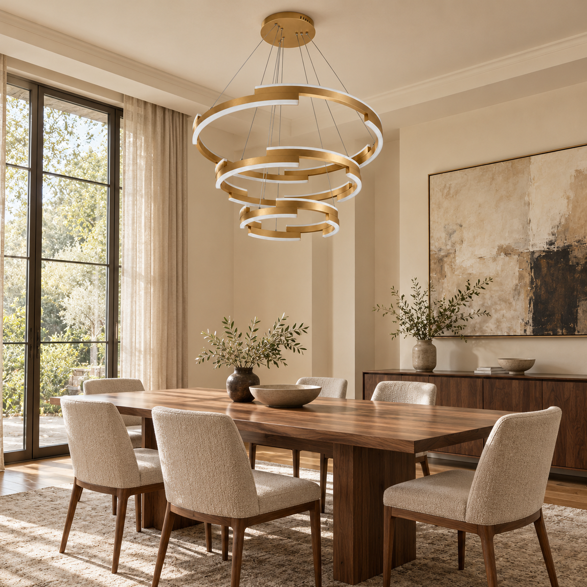 Gold Stepped Three-Tier Chandelier, unlit in a daytime interior