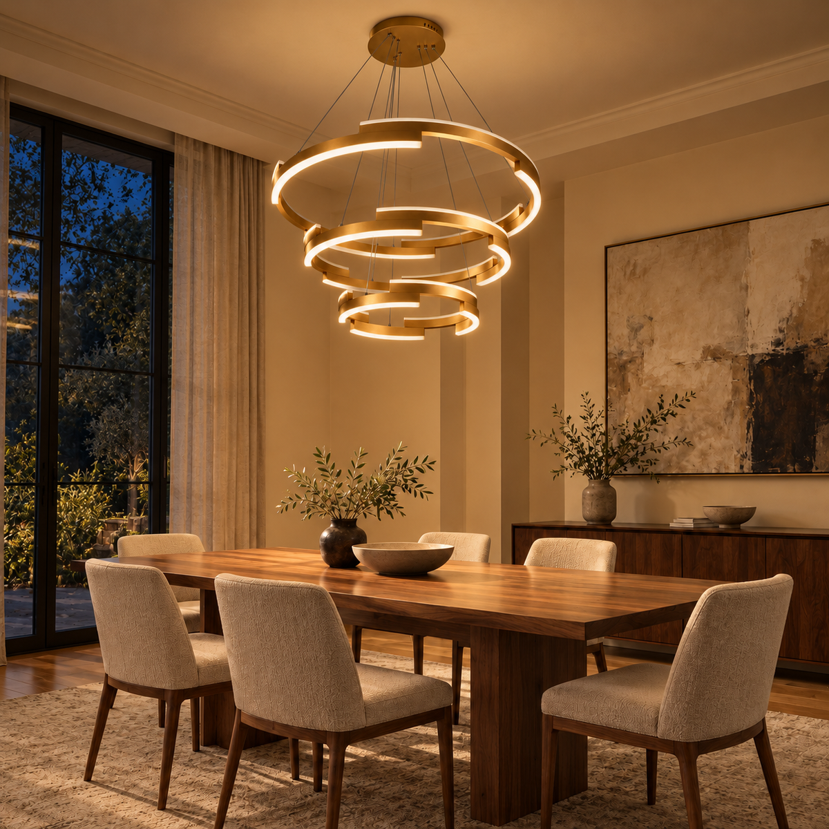 Gold Stepped Three-Tier Chandelier, illuminated in a nighttime interior