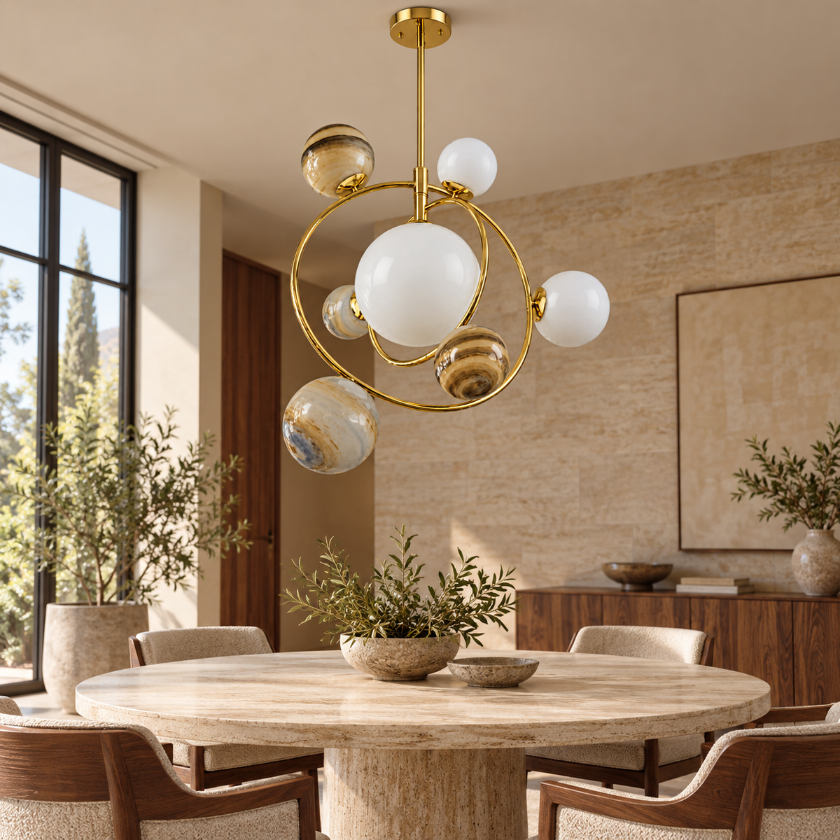Gold-Tone Seven-Globe Orbit Chandelier, unlit in a daytime interior