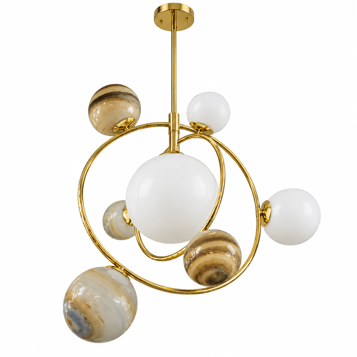 Gold-Tone Seven-Globe Orbit Chandelier, unlit studio view