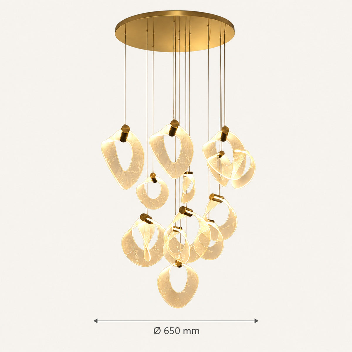 Golden acrylic cluster chandelier dimension image, Ø650 mm