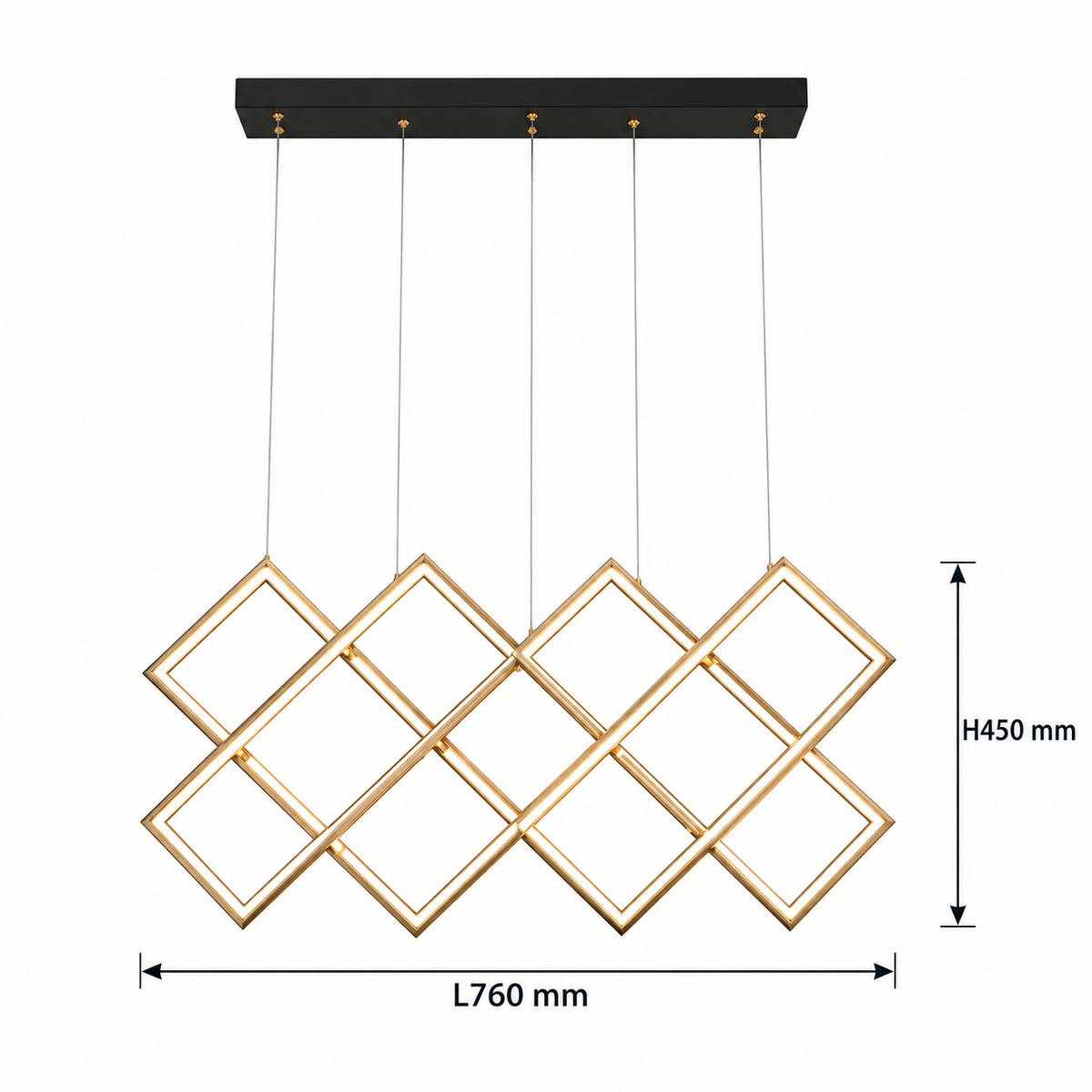 Golden interlocking square chandelier dimensions, L760 mm × H450 mm