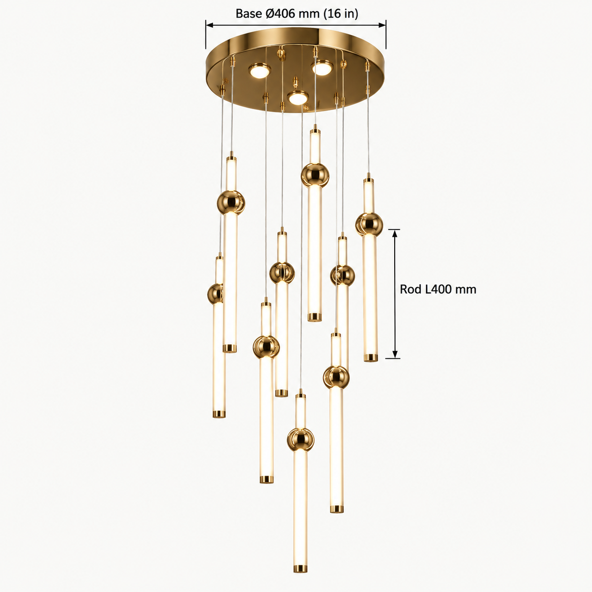 Golden rod cascade chandelier dimensions, base Ø406 mm and rod length 400 mm