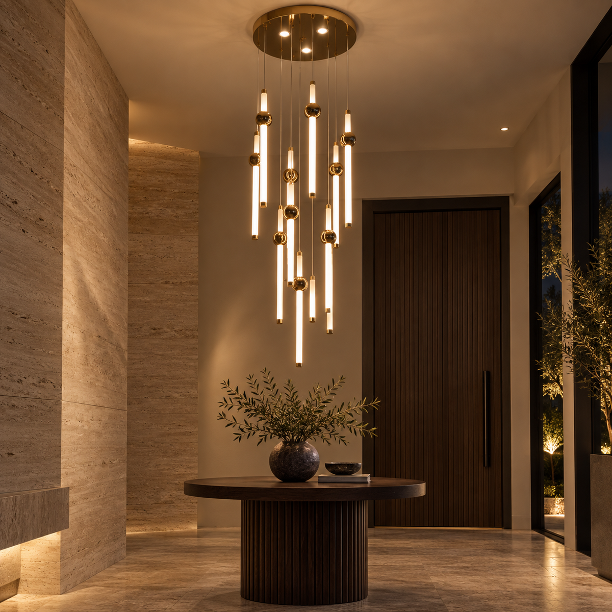 Golden rod cascade chandelier in a modern entrance interior