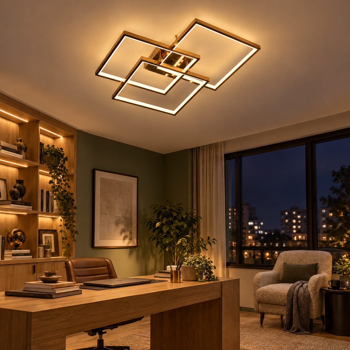 Golden spiral ring chandelier in a double-height luxury interior