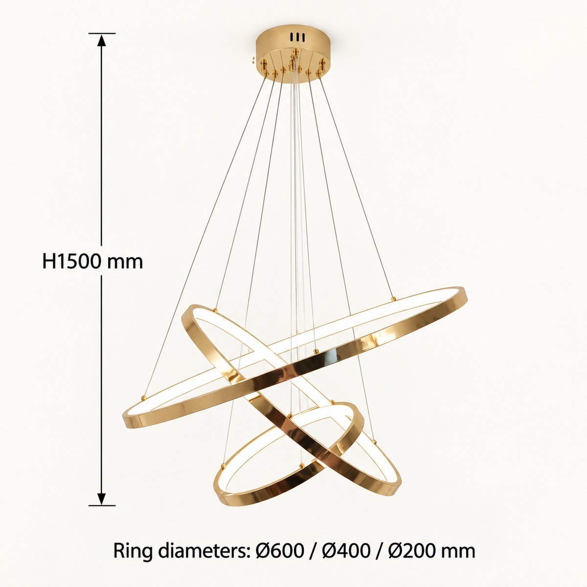 Golden three ring chandelier dimensions, H1500 mm with Ø600, Ø400 and Ø200 mm rings