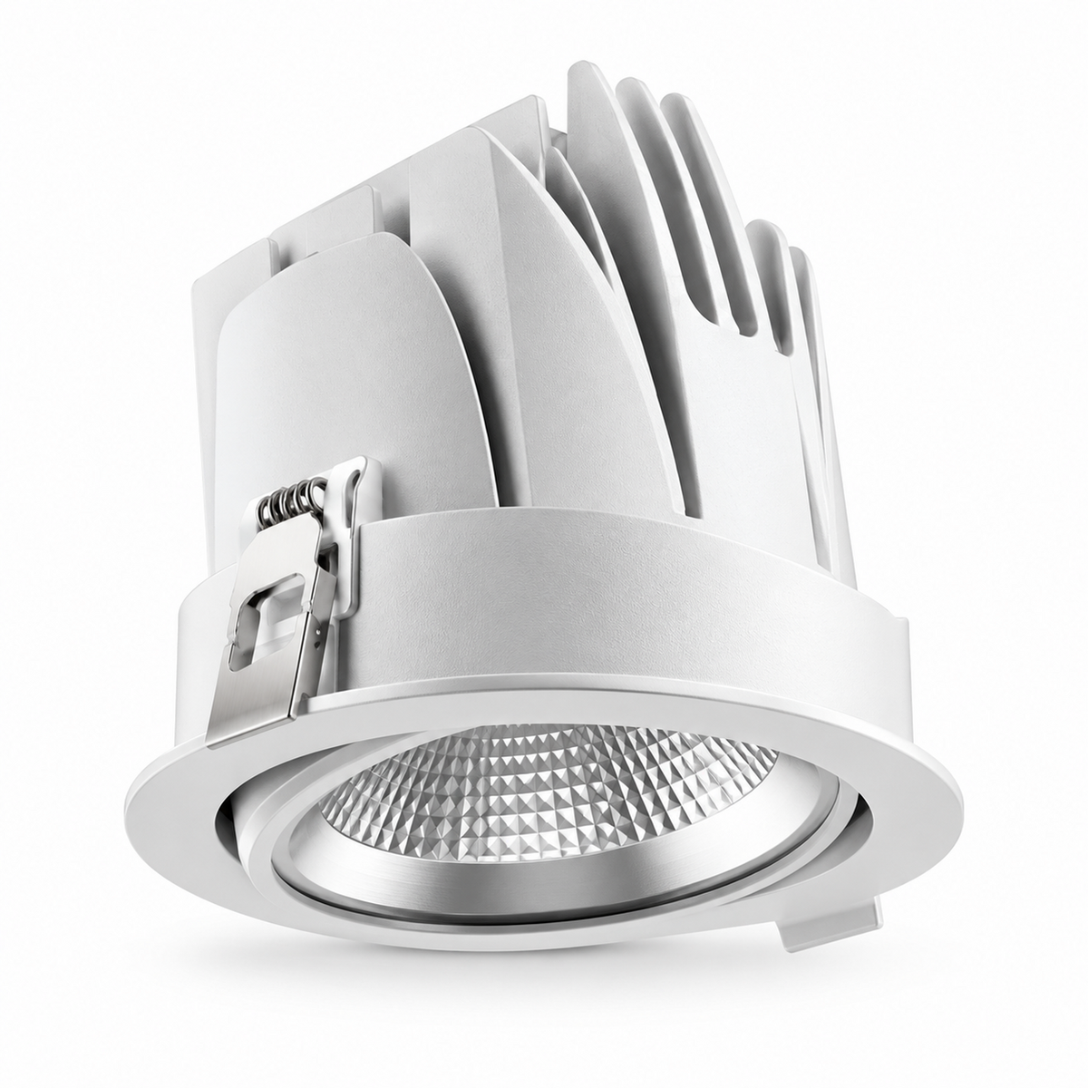 White 25W movable recessed downlight with tilting reflector and aluminium heat sink
