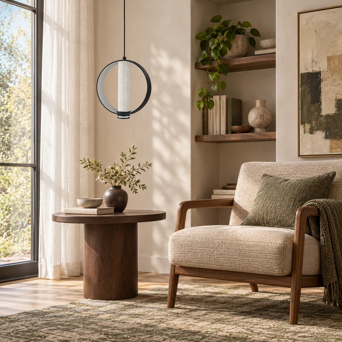 Grey Disc and Fluted Cylinder Pendant, unlit in a daytime interior
