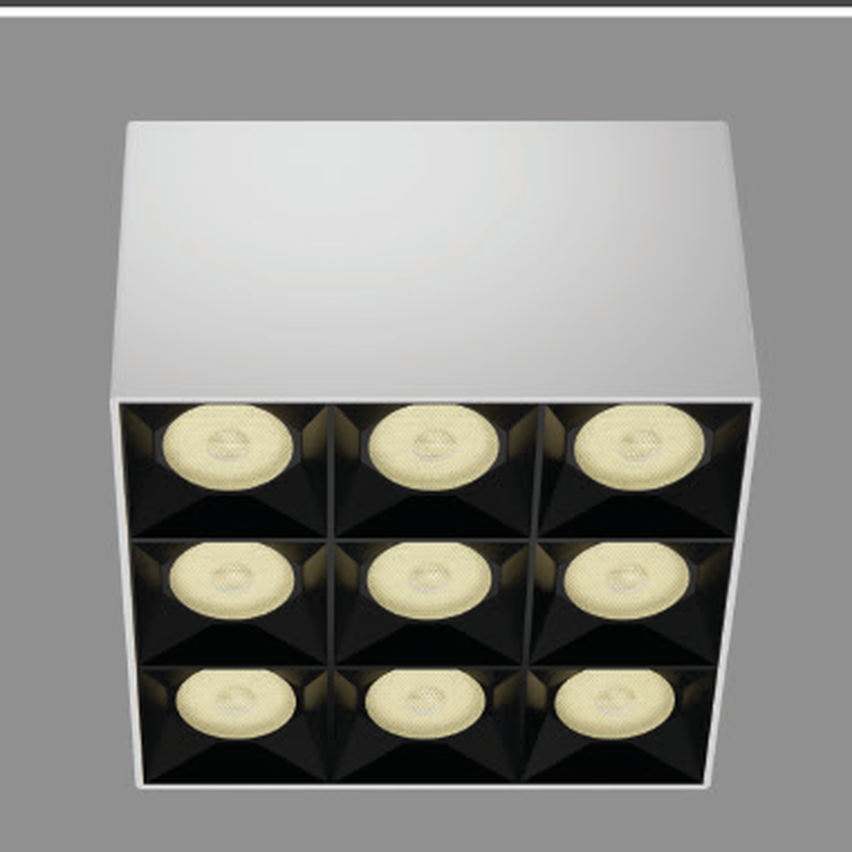 GRID36W-SF white-body square surface-mounted downlight with original nine-cell optical layout; exact wattage source photograph, black-body photograph unavailable.