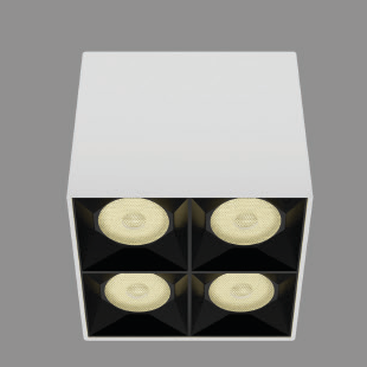 GRID 16W-SF white-body square surface-mounted downlight with original four-cell optical layout; exact wattage source photograph, black-body photograph unavailable.