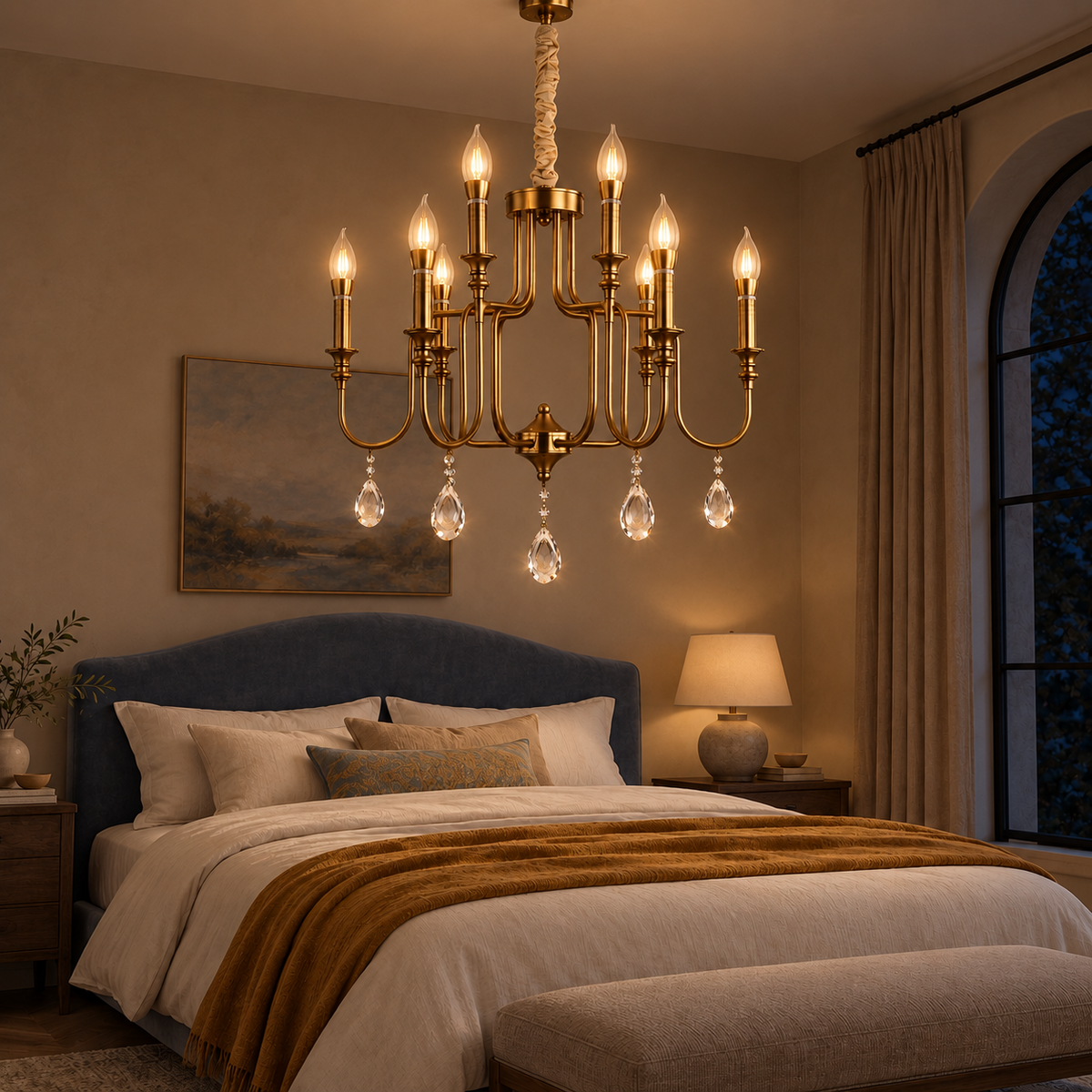 LUMERA 9-light chandelier in bedroom at night