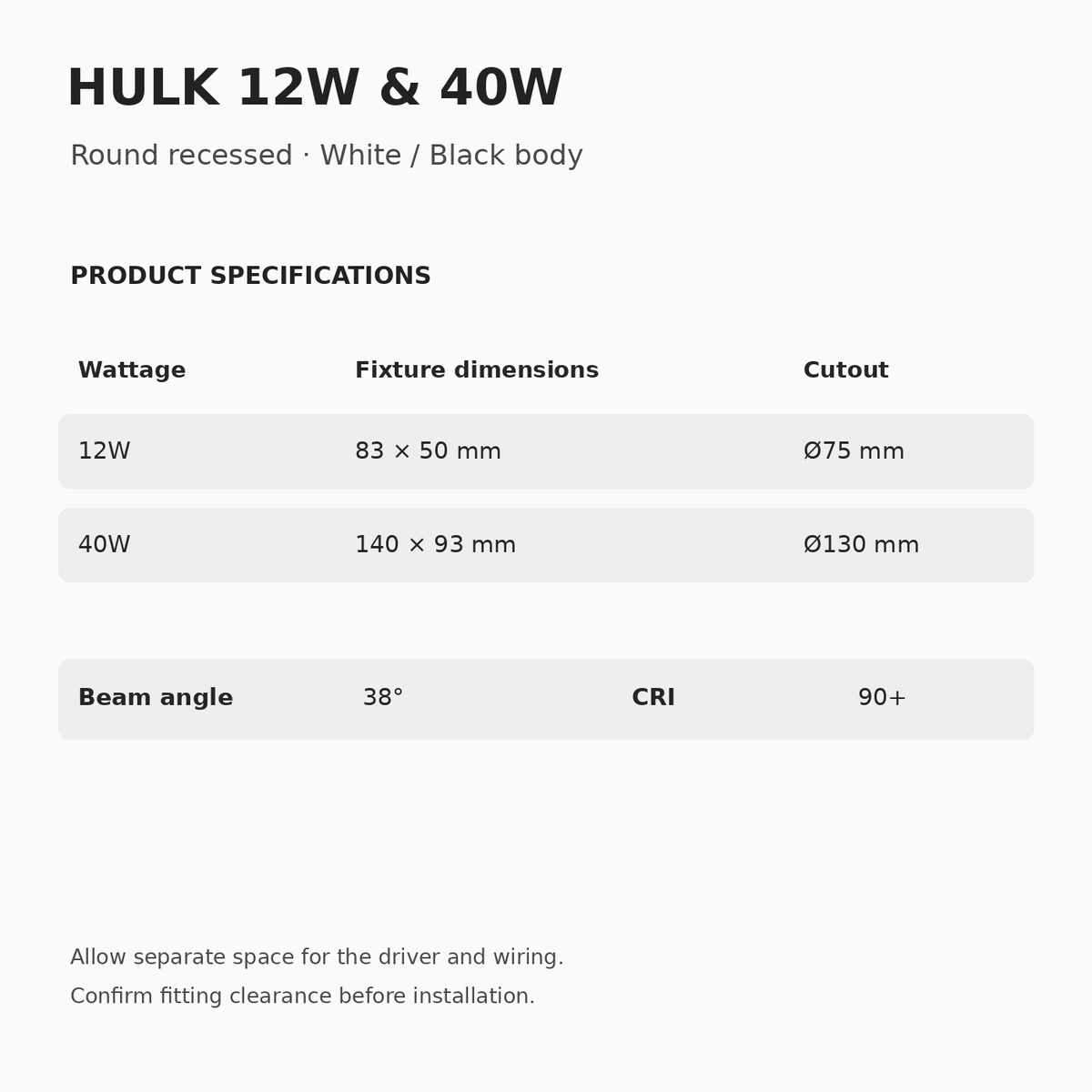 HULK 12W and 40W specifications: fixture dimensions, wattage-specific ceiling cutouts, 38° beam angle and CRI 90+.