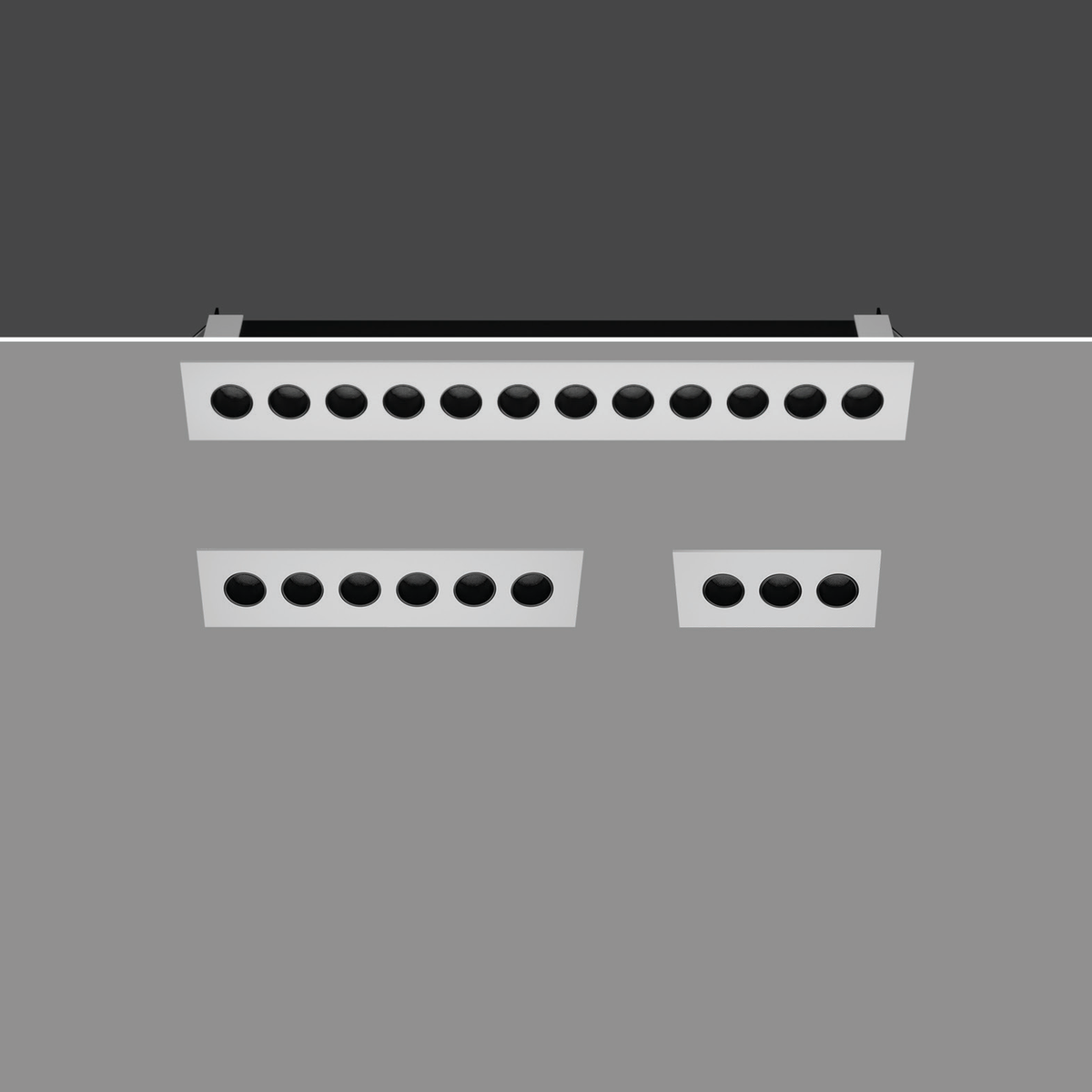 Original IOTA white-body recessed family photograph showing three, six and twelve optical modules with the source housing preserved.