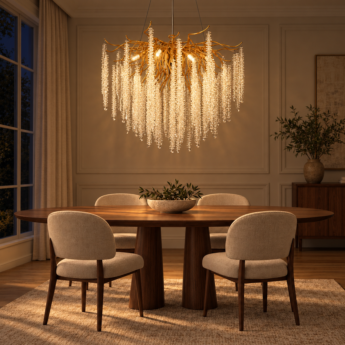 Iselle Clear Crystal Icicle Chandelier – evening interior, light on