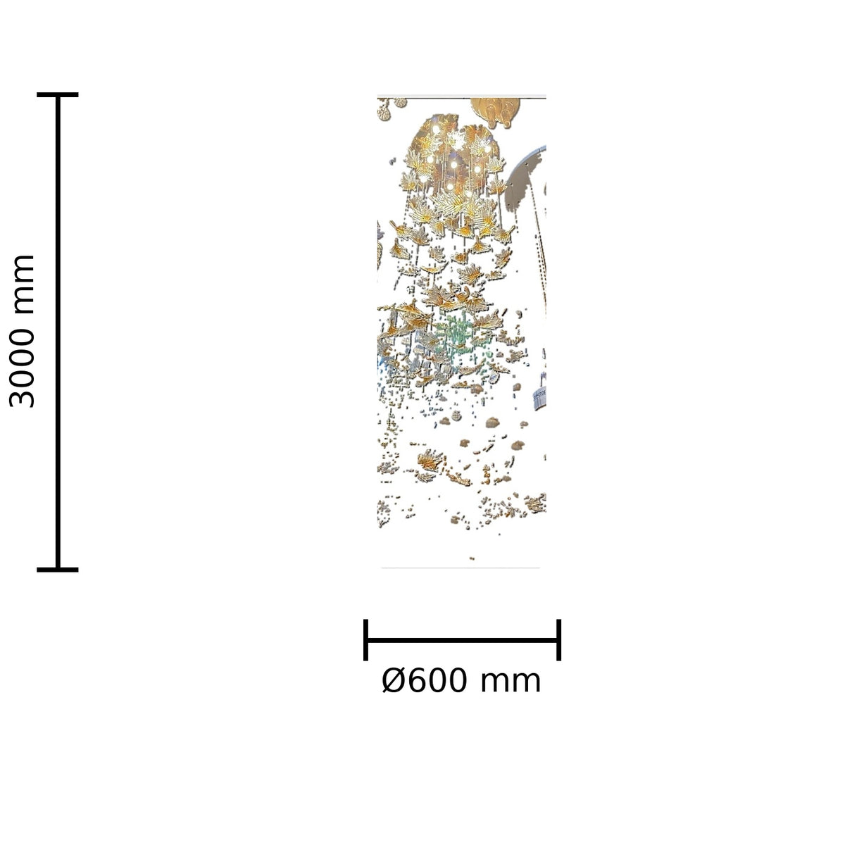 Golden Leaf Staircase Chandelier dimension image, Ø600 mm x H3000 mm