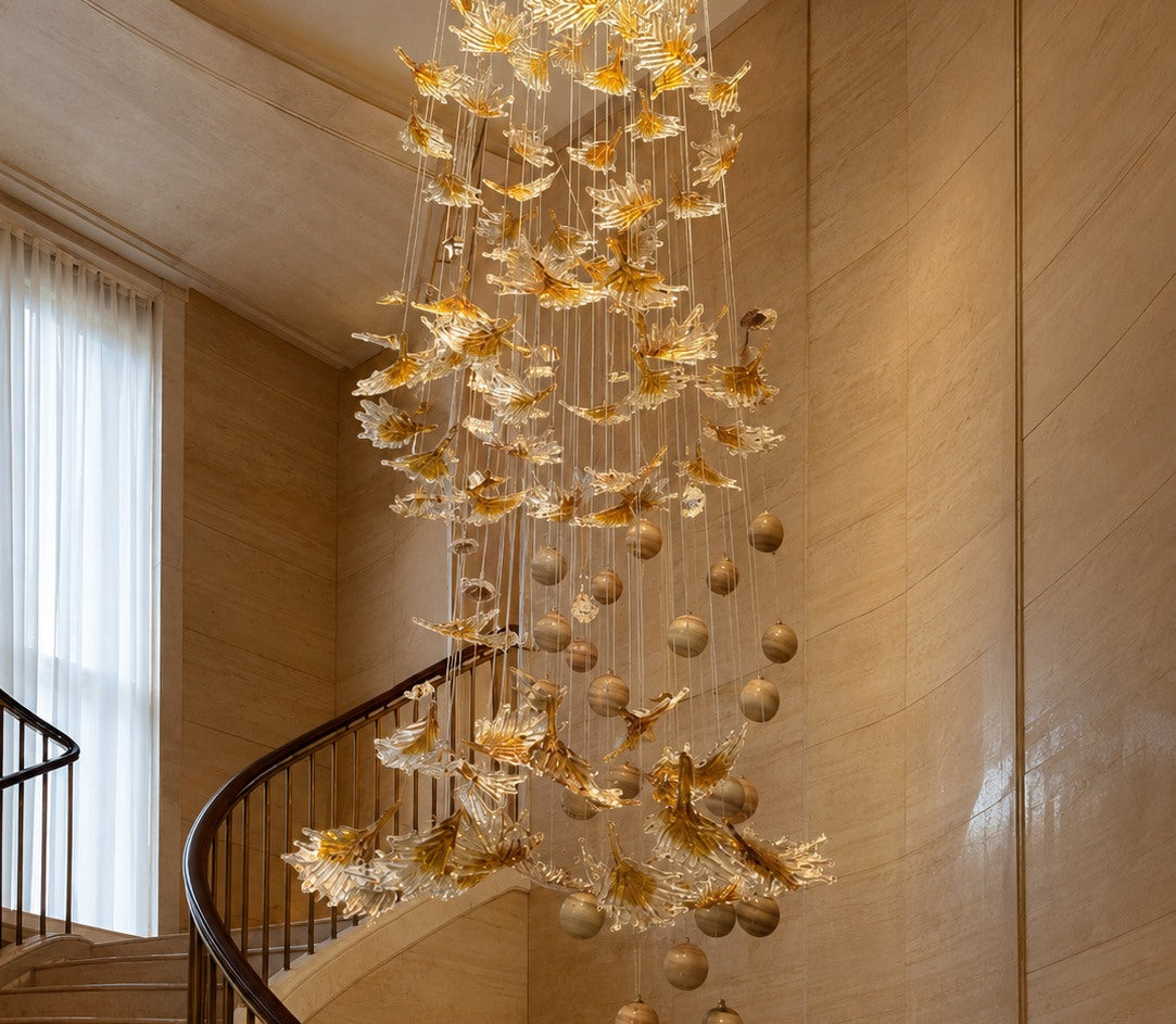 Golden Leaf Staircase Chandelier full original in-situ image