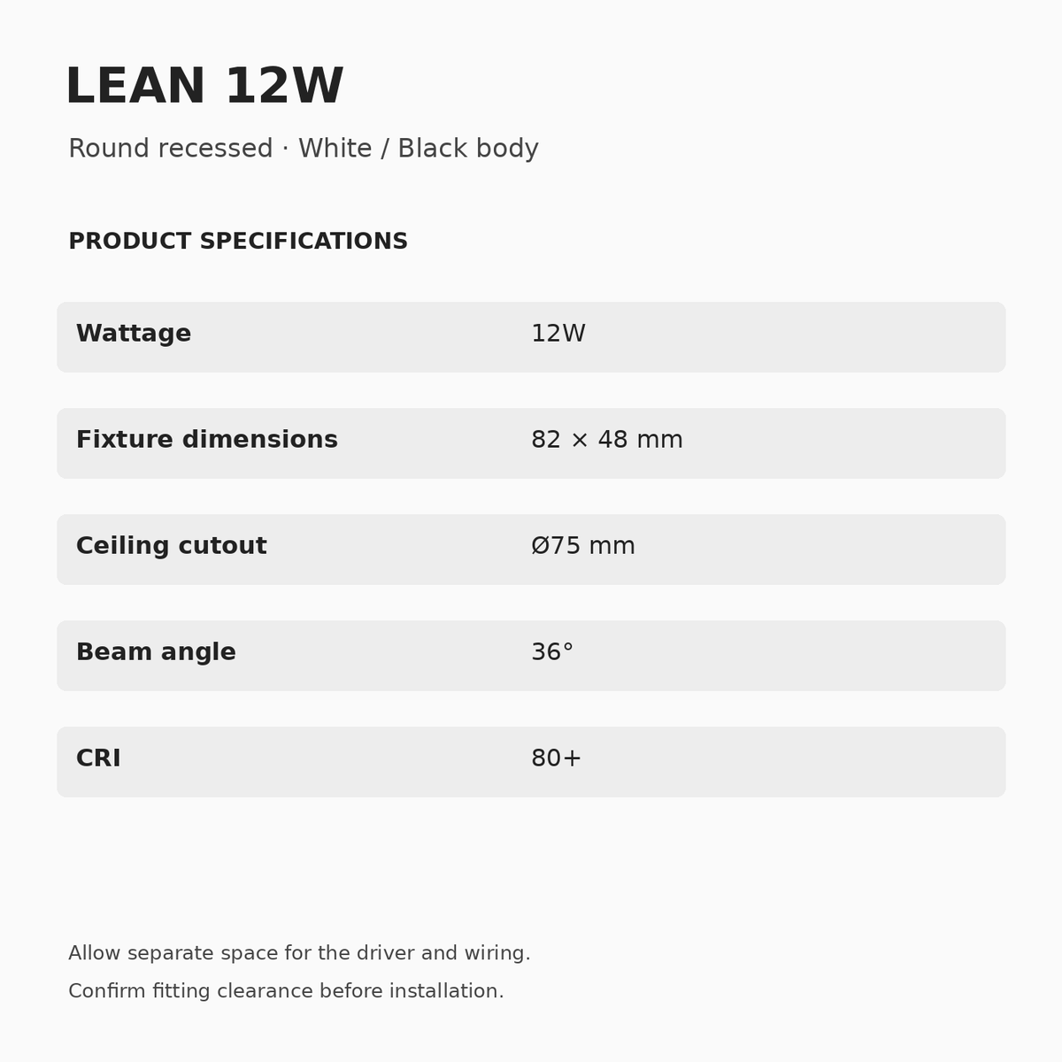 LEAN 12W specifications: 82 × 48 mm fixture dimensions, Ø75 mm cutout, 36° beam and CRI 80+.