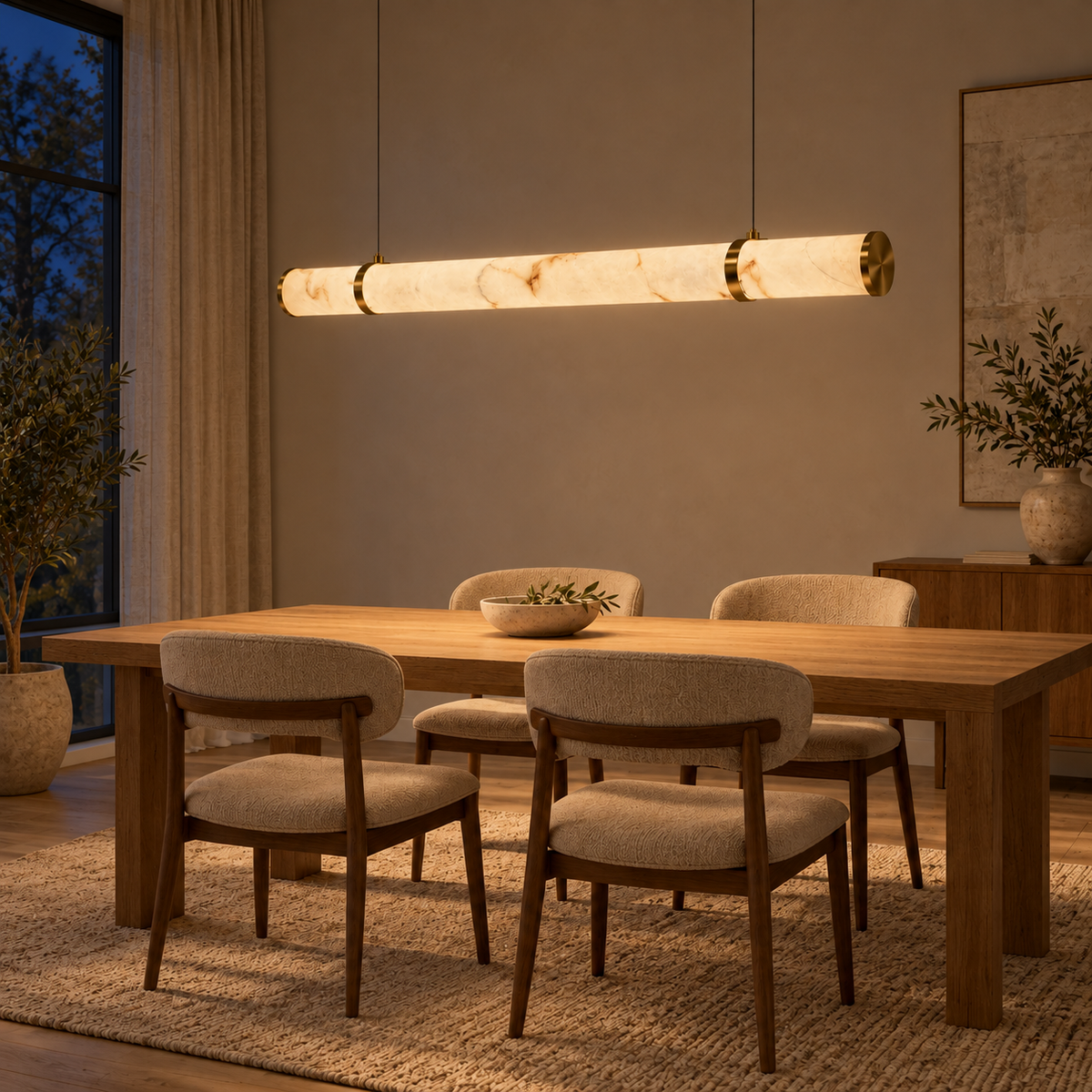 Linea Faux-Stone Bar Pendant Light, evening interior, light on