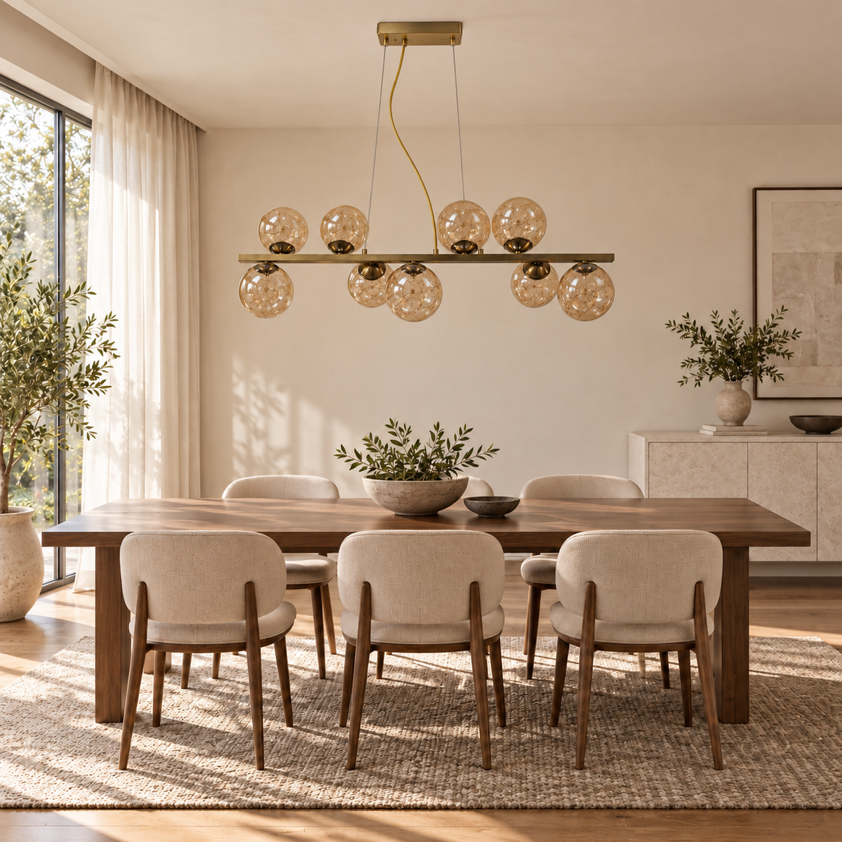 Lioren Nine-Globe Amber Glass Linear Chandelier – daylight interior, light off