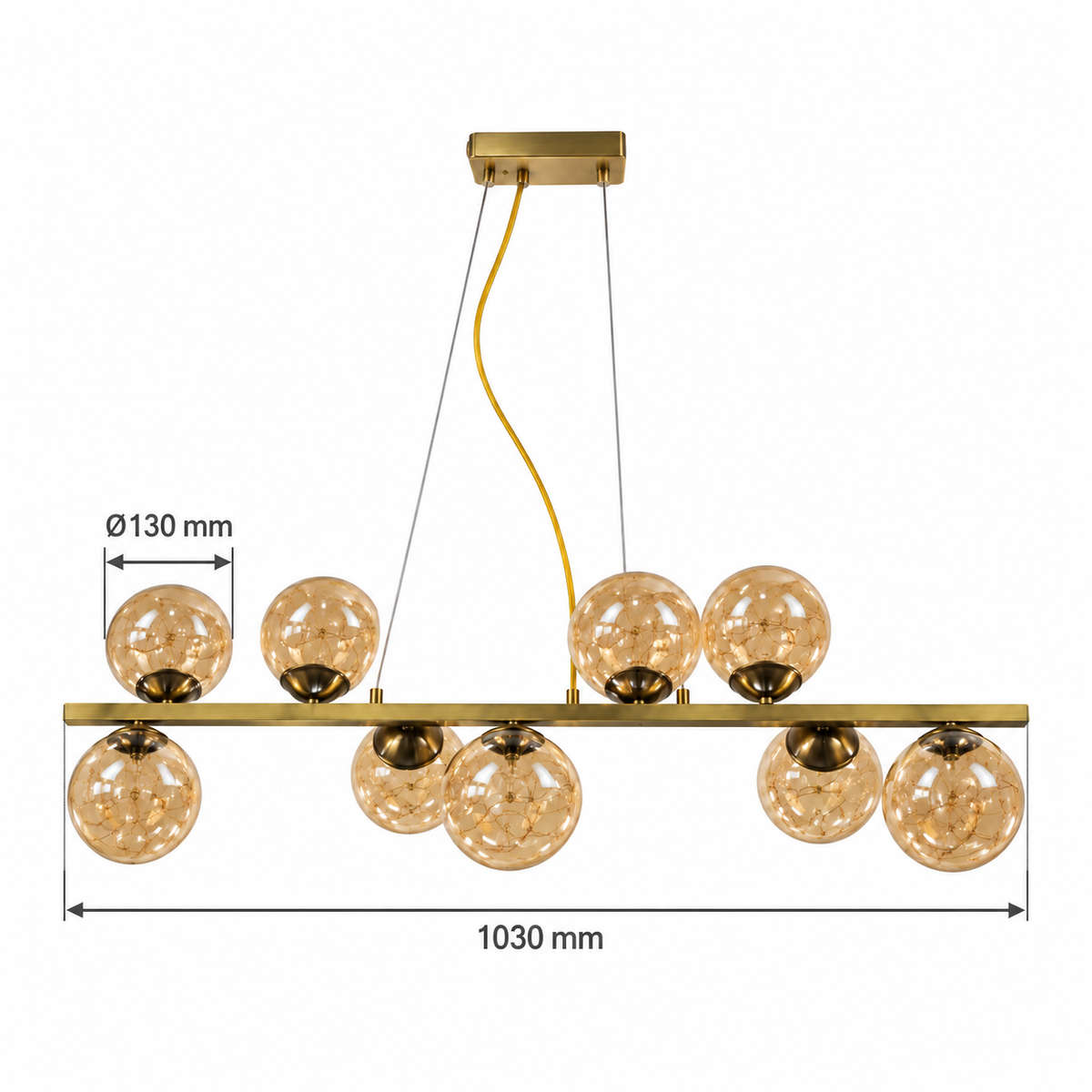 Lioren Nine-Globe Amber Glass Linear Chandelier – confirmed dimensions in millimetres