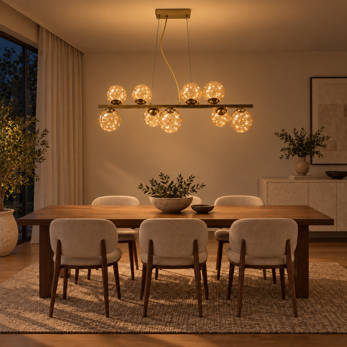 Lioren Nine-Globe Amber Glass Linear Chandelier – evening interior, light on