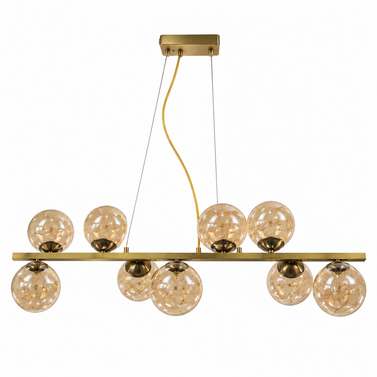 Lioren Nine-Globe Amber Glass Linear Chandelier – studio view on white